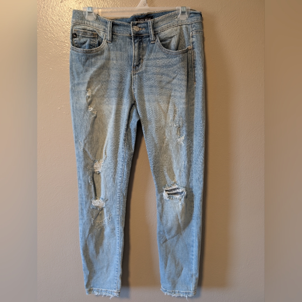 JUDY BLUE Jean Women 7/28 Blue Skinny Fit Mid Rise Distressed Denim